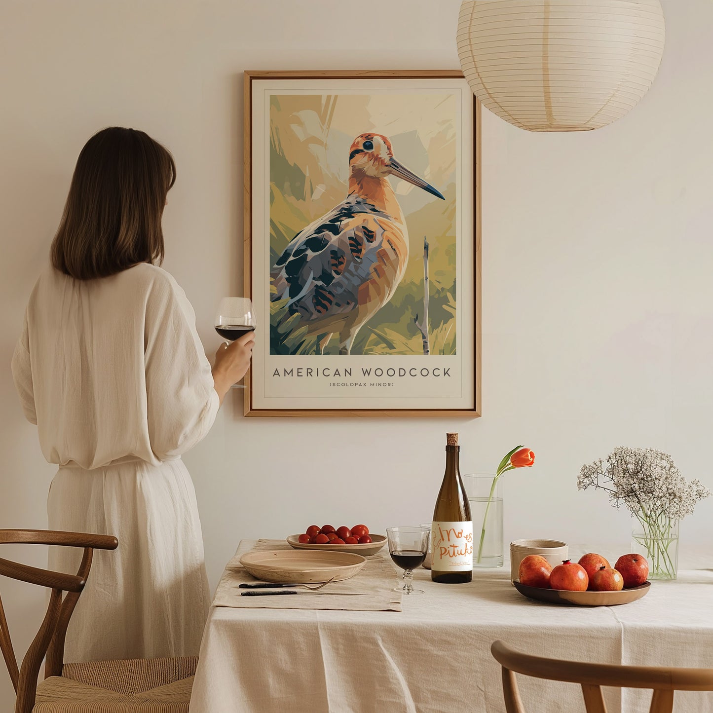 American Woodcock Poster | Woodland Shorebird Nature Illustration Wall Art — styled in a modern interior