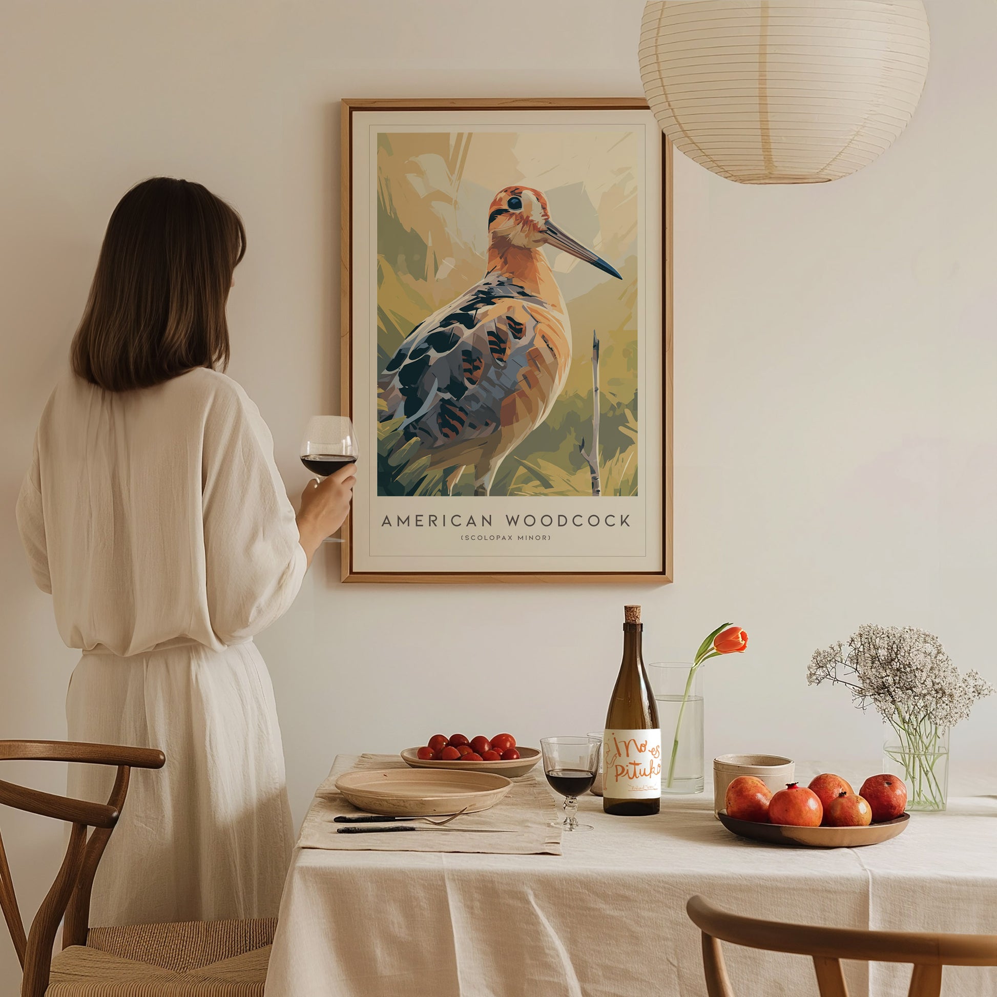 American Woodcock Poster | Woodland Shorebird Nature Illustration Wall Art — styled in a modern interior
