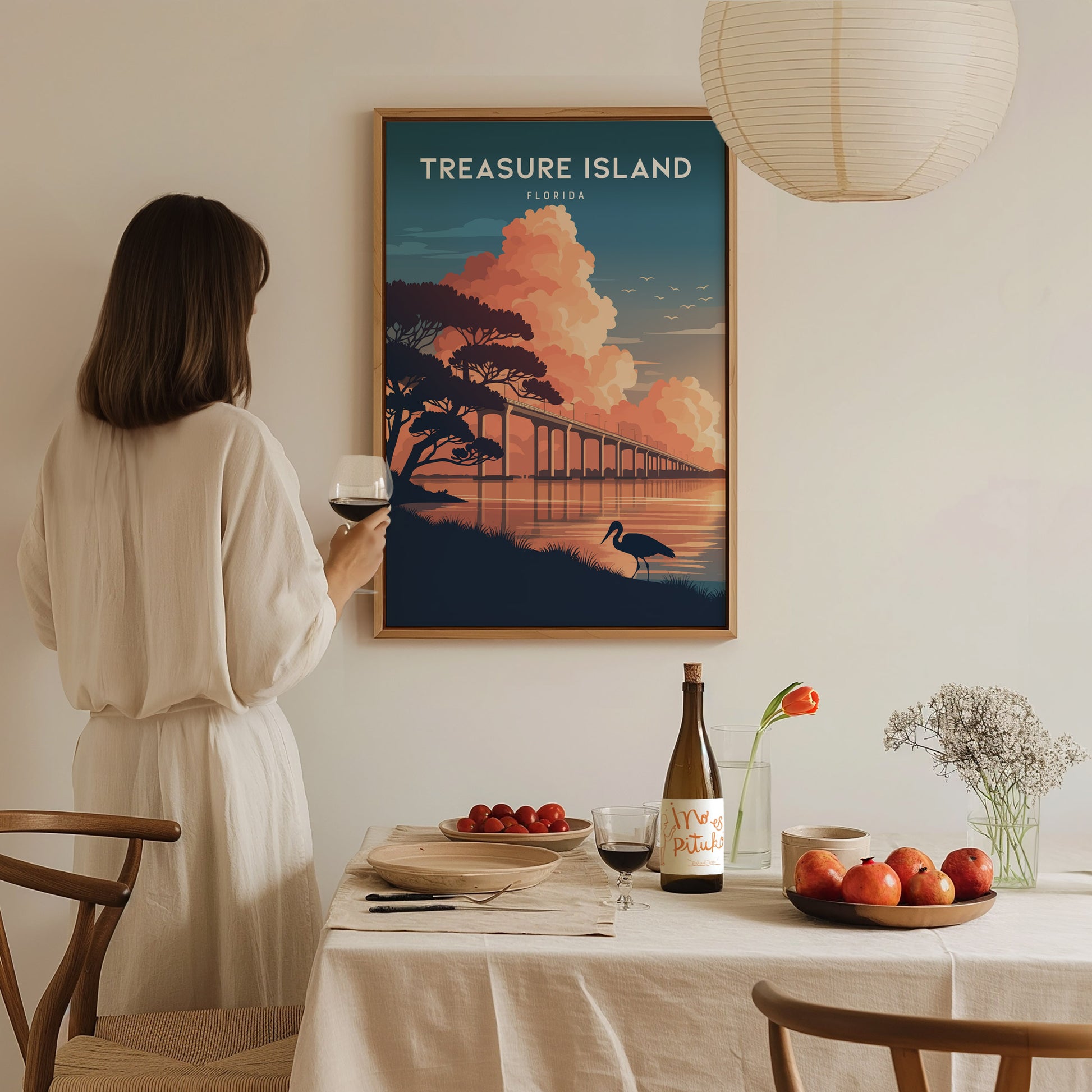Treasure Island, Florida Poster | Sunset Beach & Lifeguard Tower Wall Art — styled in a modern interior