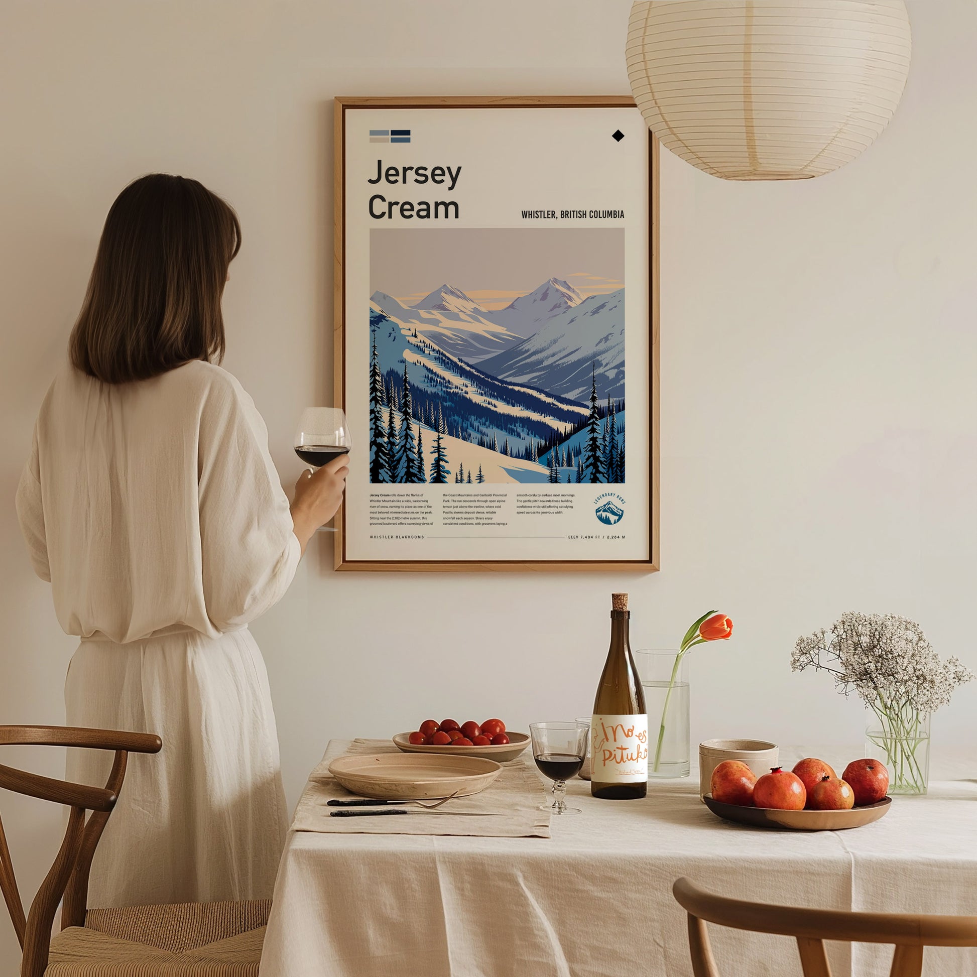 Jersey Cream, Whistler, British Columbia Poster | Alpine Print Ski Lodge Decor Wall Art — styled in a modern interior