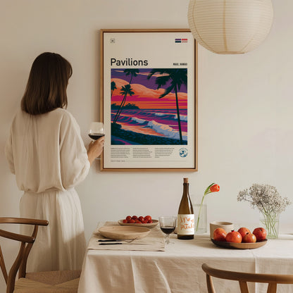 Pavilions, Hawaii Poster | Golden Surf Break Paradise Wall Art — styled in a modern interior