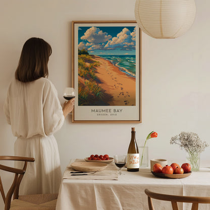 Maumee Bay Matte Border Poster | Oregon, Ohio Coastal Beach Decor Travel Wall Art — styled in a modern interior
