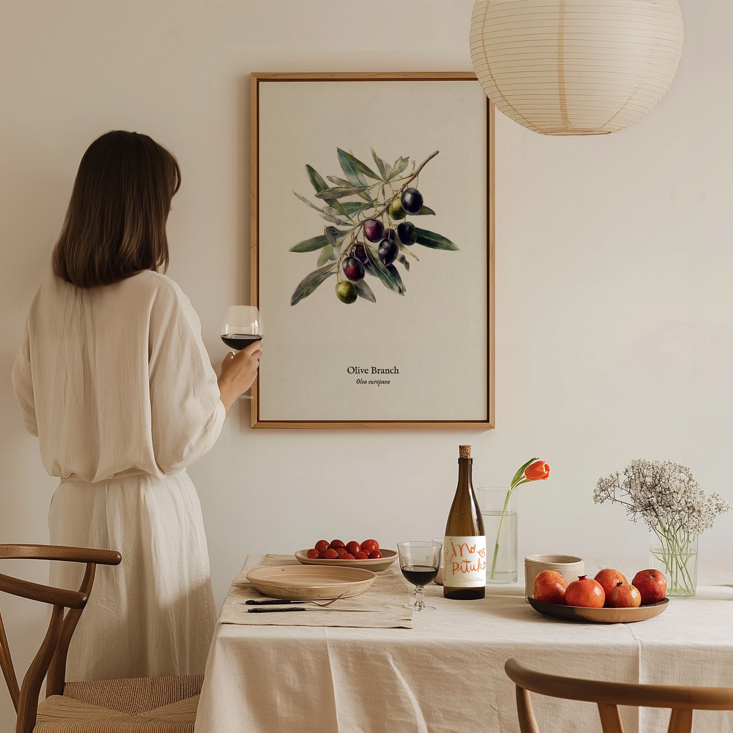 Olive Branch Poster | Vintage Olea europaea Botanical Illustration Wall Art — styled in a modern interior