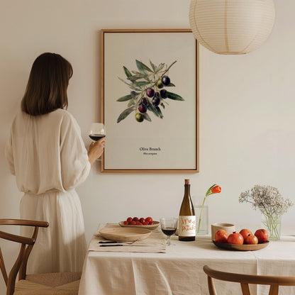 Olive Branch Poster | Vintage Olea europaea Botanical Illustration Wall Art — styled in a modern interior