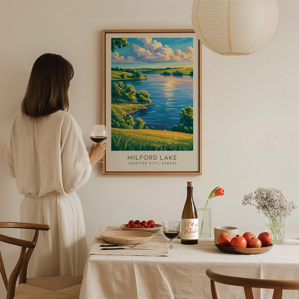 Milford Lake Matte Border Poster | Junction City, Kansas Travel Wall Art — styled in a modern interior
