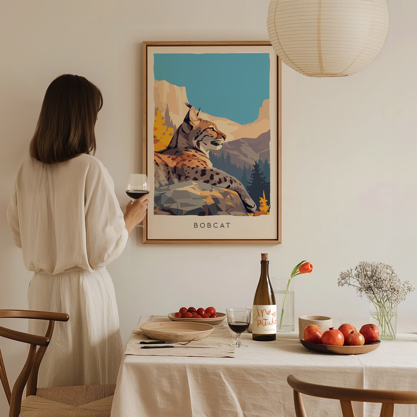 Bobcat Wildlife Poster | Fierce & Beautiful Wildcat Wall Art — styled in a modern interior