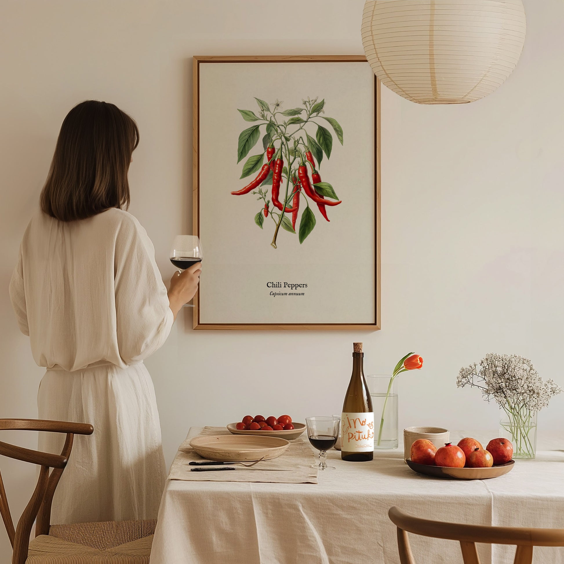 Chili Peppers Poster | Vintage Capsicum Annuum Botanical Illustration Wall Art — styled in a modern interior
