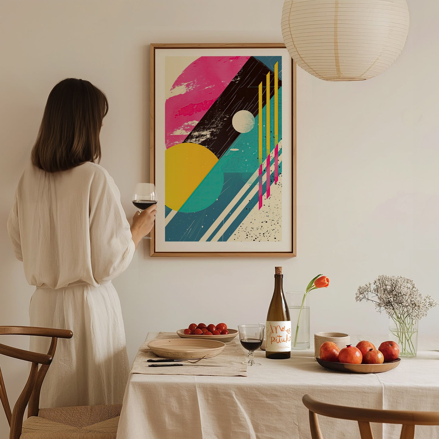 A woman in a white dress holds a wine glass, admiring a vibrant 1980s abstract poster with geometric shapes. A dining table with fruit and flowers is in the foreground.