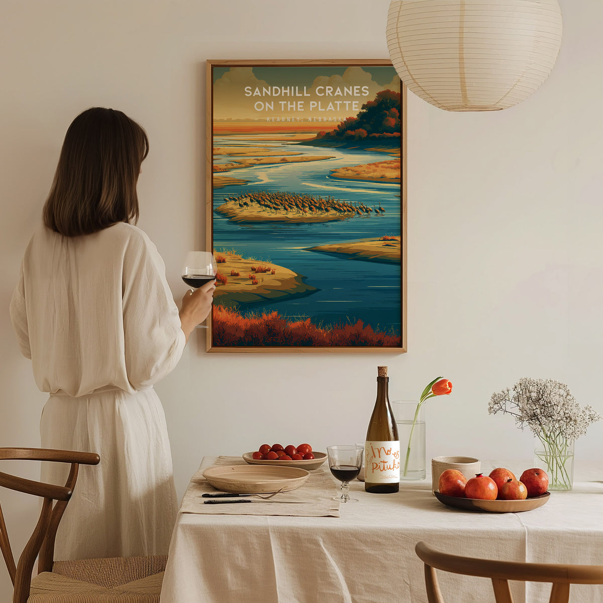 Sandhill Cranes on the Platte, Kearney, Nebraska Poster | Prairie Wildlife Travel Wall Art — styled in a modern interior