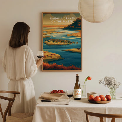 Sandhill Cranes on the Platte, Kearney, Nebraska Poster | Prairie Wildlife Travel Wall Art — styled in a modern interior