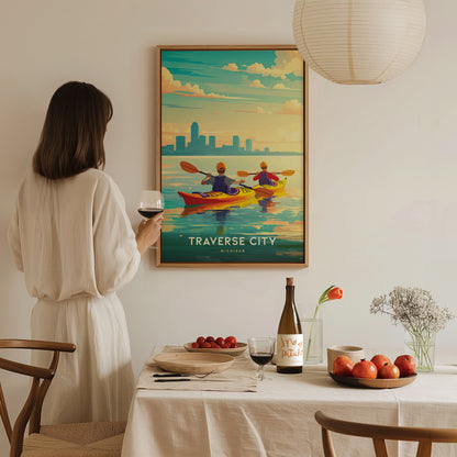 A woman in a white dress holds a glass of wine, standing near a dining table with fruit, facing a Traverse City poster featuring kayakers on a vibrant bay.