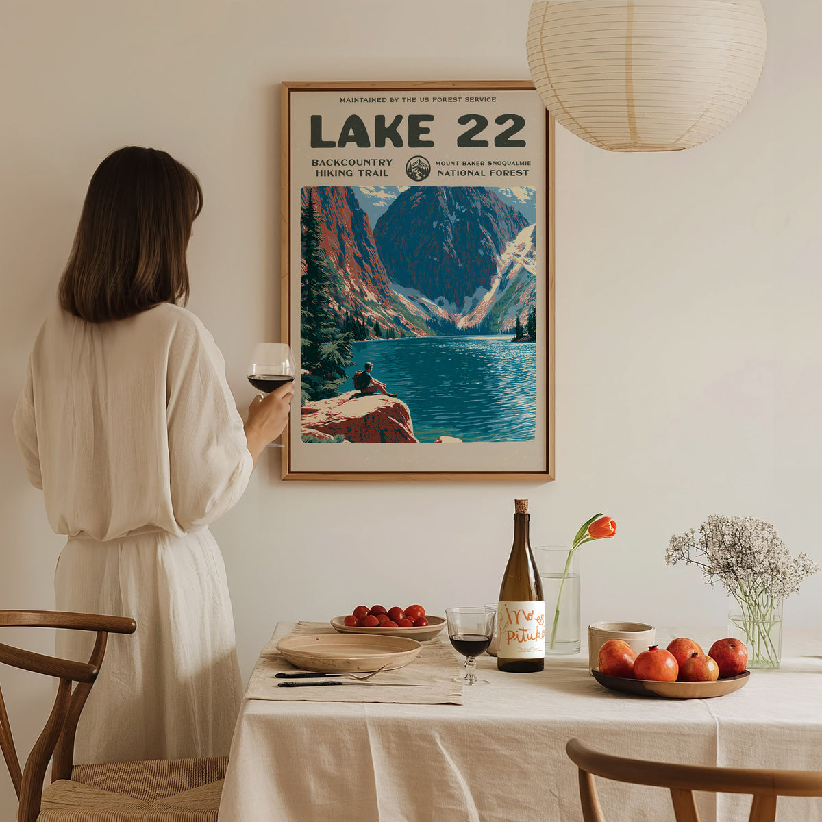 Lake 22, Mount Baker-Snoqualmie National Forest Poster | Hiker Gift | Backcountry Trail Wall Art — styled in a modern interio