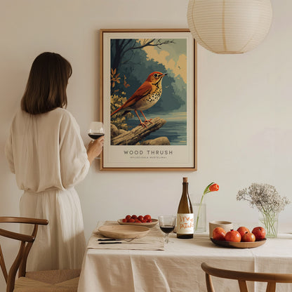 Wood Thrush Poster | Forest Songbird Nature Illustration Wall Art — styled in a modern interior