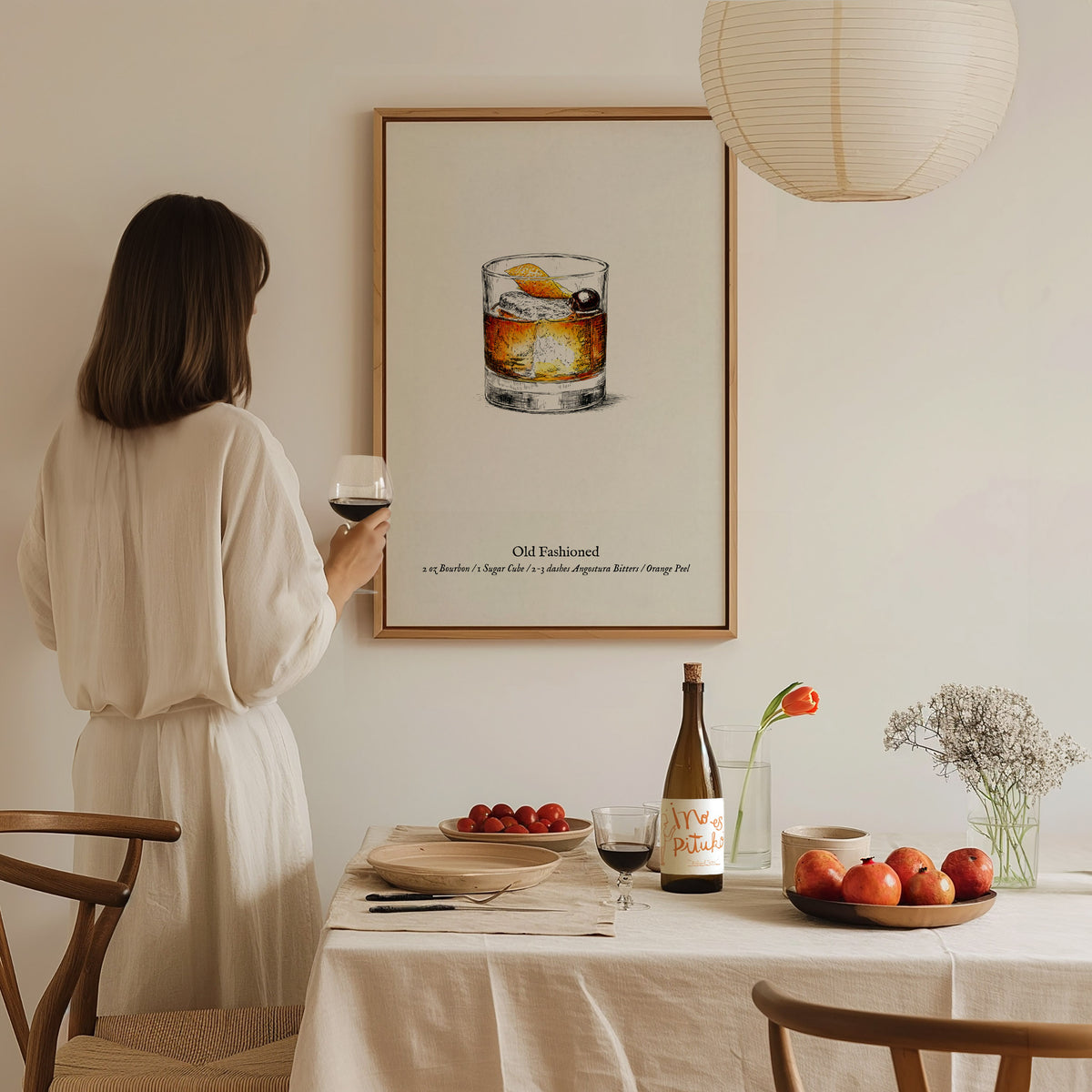 Old Fashioned Cocktail Poster | Vintage Pen & Ink Scientific Illustration Wall Art — styled in a modern interior