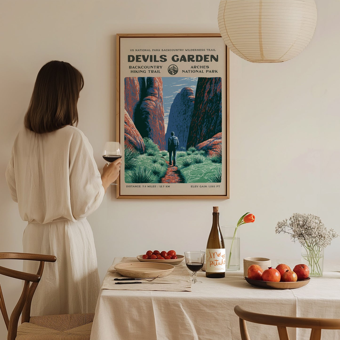 Devils Garden, Arches National Park Poster | Hiker Gift | Sandstone Fins & Arches Wall Art — styled in a modern interior