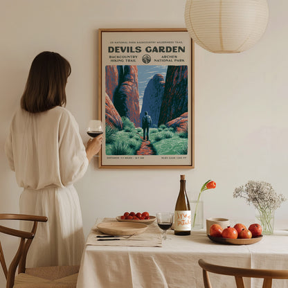 Devils Garden, Arches National Park Poster | Hiker Gift | Sandstone Fins & Arches Wall Art — styled in a modern interior
