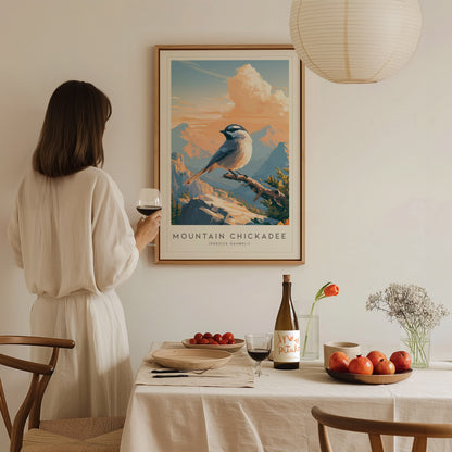 Mountain Chickadee, Poecile gambeli Poster | Bold Birder Gift Nature Wall Art — styled in a modern interior