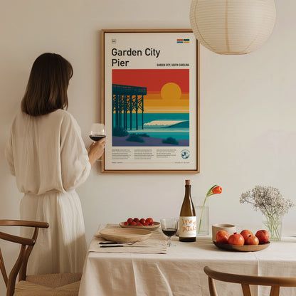 Garden City Pier, Garden City, South Carolina Poster | Surf Waves & Coastal Pier Wall Art — styled in a modern interior