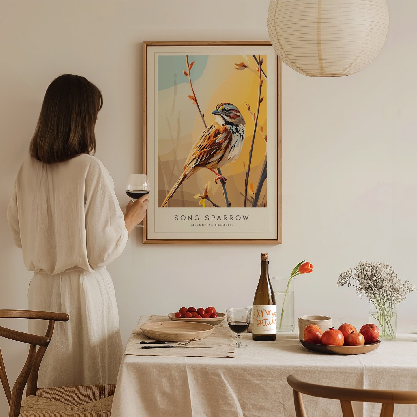 Song Sparrow Poster | Perched Songbird & Wildflower Meadow Wall Art — styled in a modern interior