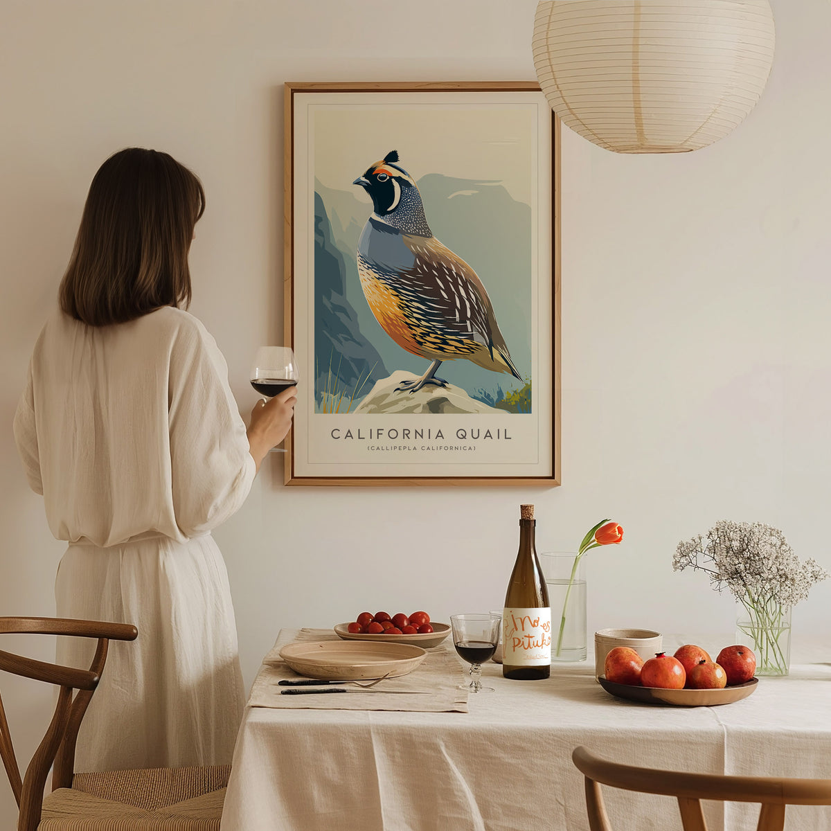 California Quail Poster | Golden State Bird Illustration Wall Art — styled in a modern interior