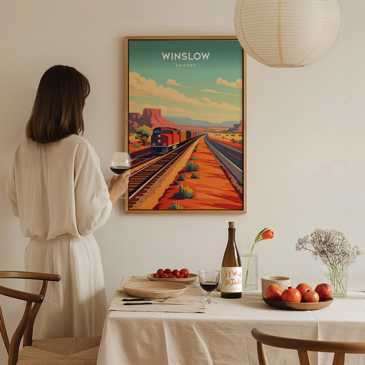 Winslow, Arizona Poster | Route 66 Desert Destination Print Wall Art — styled in a modern interior