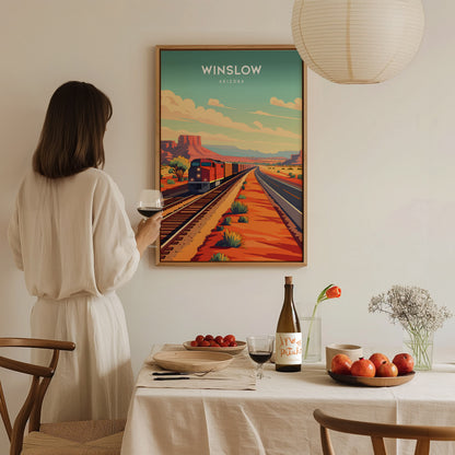 Winslow, Arizona Poster | Route 66 Desert Destination Print Wall Art — styled in a modern interior