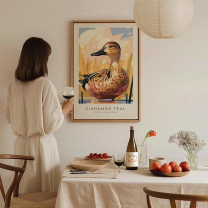 Cinnamon Teal, Spatula cyanoptera Poster | Vibrant Wetland Bird Wall Art — styled in a modern interior