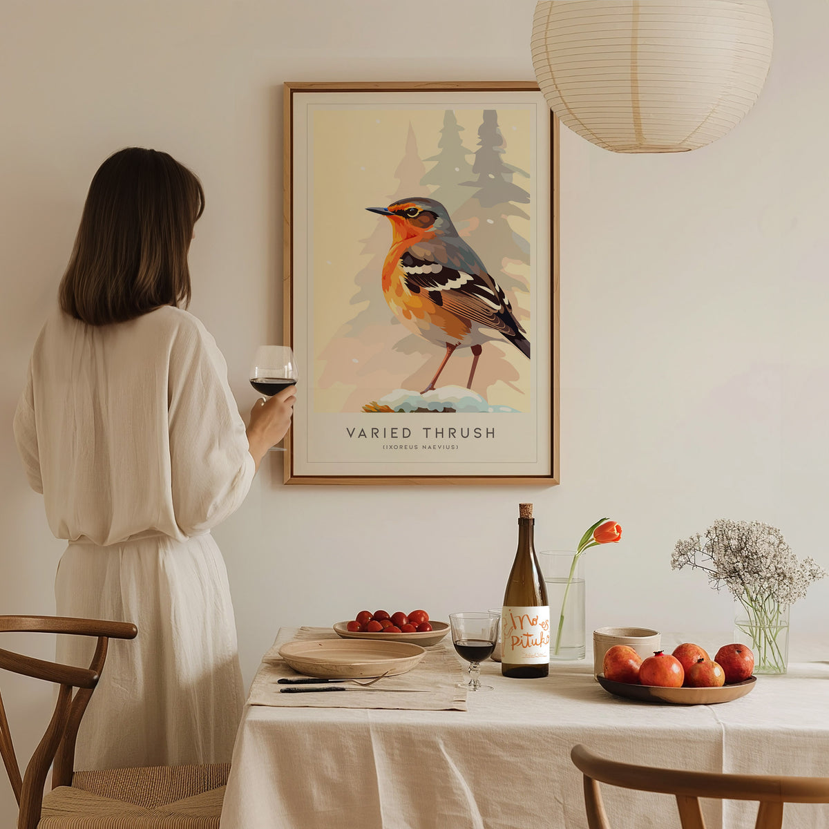 Varied Thrush, Ixoreus naevius Poster | Bold Forest Songbird Nature Poster Wall Art — styled in a modern interior