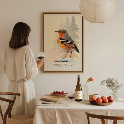 Varied Thrush, Ixoreus naevius Poster | Bold Forest Songbird Nature Poster Wall Art — styled in a modern interior
