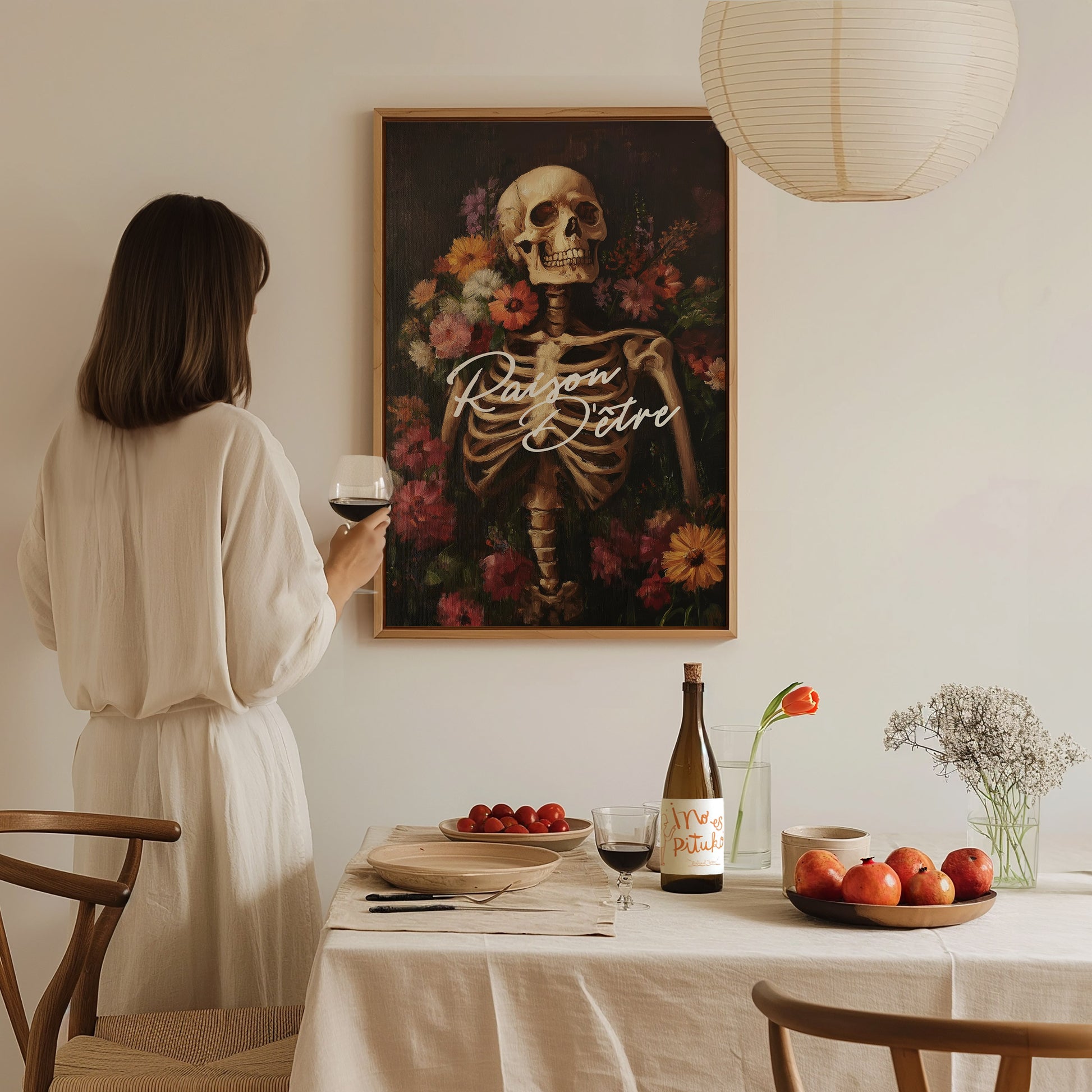Raison d’Être Skeleton Art Print – Dark Academia Gothic Floral Wall Decor, Memento Mori Aesthetic, Framed/Unframed Macabre Poster - Swell Scenes