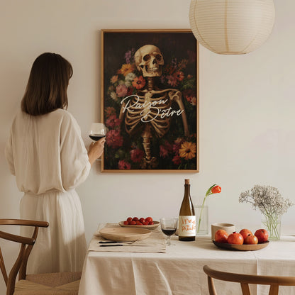 Raison d’Être Skeleton Art Print – Dark Academia Gothic Floral Wall Decor, Memento Mori Aesthetic, Framed/Unframed Macabre Poster - Swell Scenes