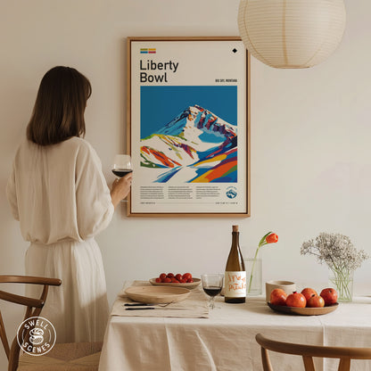 A woman in a white dress holds a glass of wine, admiring a colorful Liberty Bowl Big Sky poster on the wall.