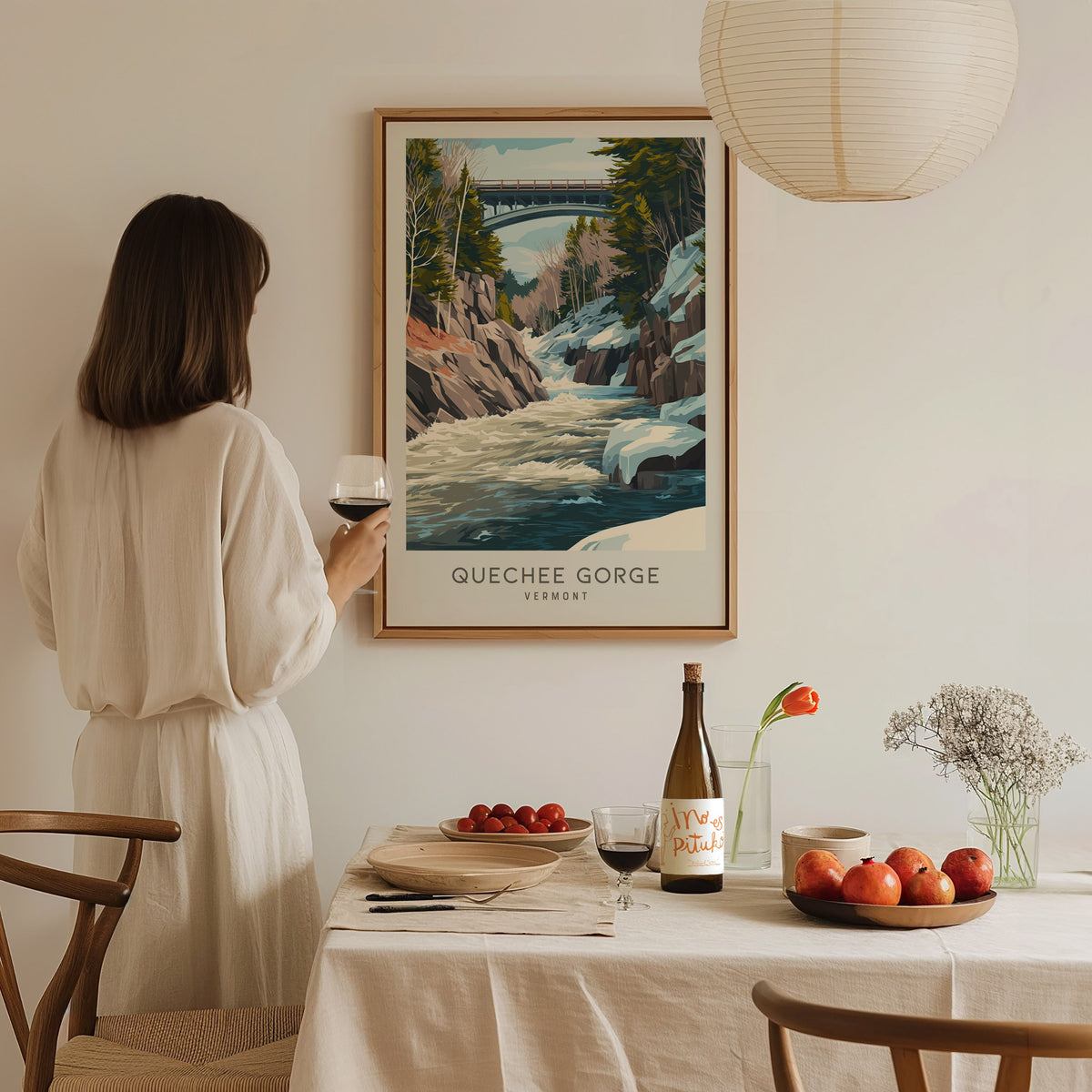 Quechee Gorge Matte Border Poster | Vermont Destination Print Travel Wall Art — styled in a modern interior