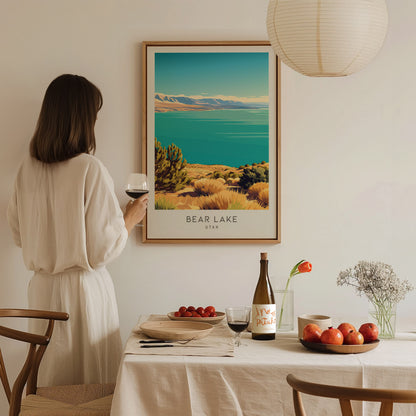 Bear Lake Matte Border Poster | Utah Travel Wall Art Coastal Beach Decor — styled in a modern interior