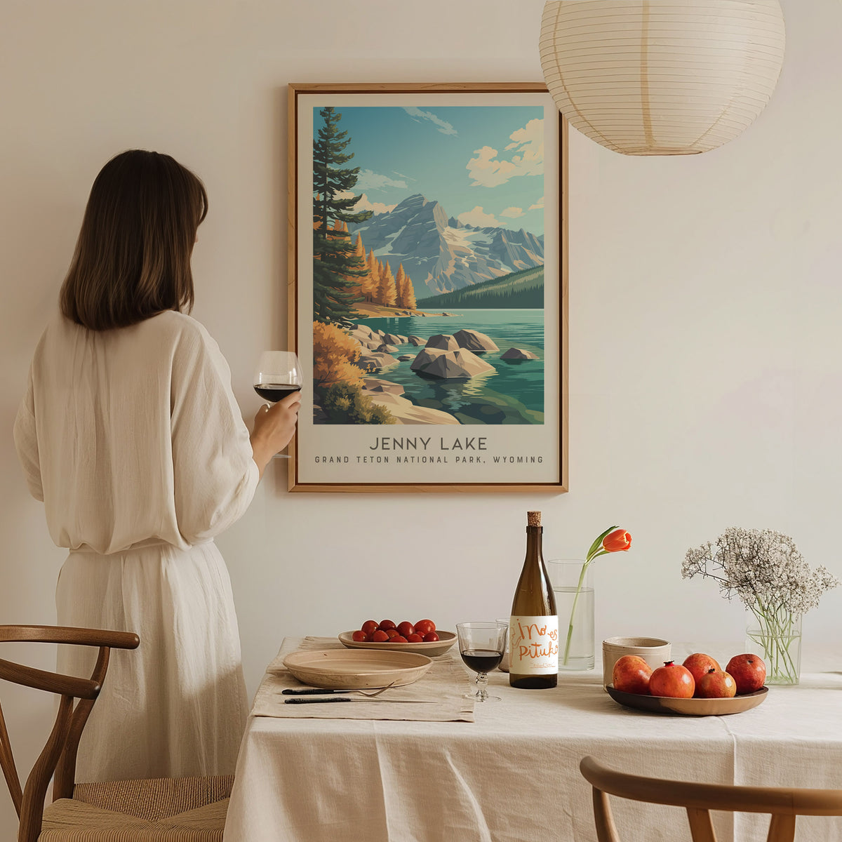Jenny Lake Matte Border Poster | Grand Teton National Park, Wyoming Travel Wall Art — styled in a modern interior