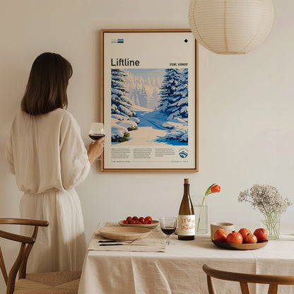 Liftline, Stowe, Vermont Poster | Alpine Print Ski Lodge Decor Wall Art — styled in a modern interior