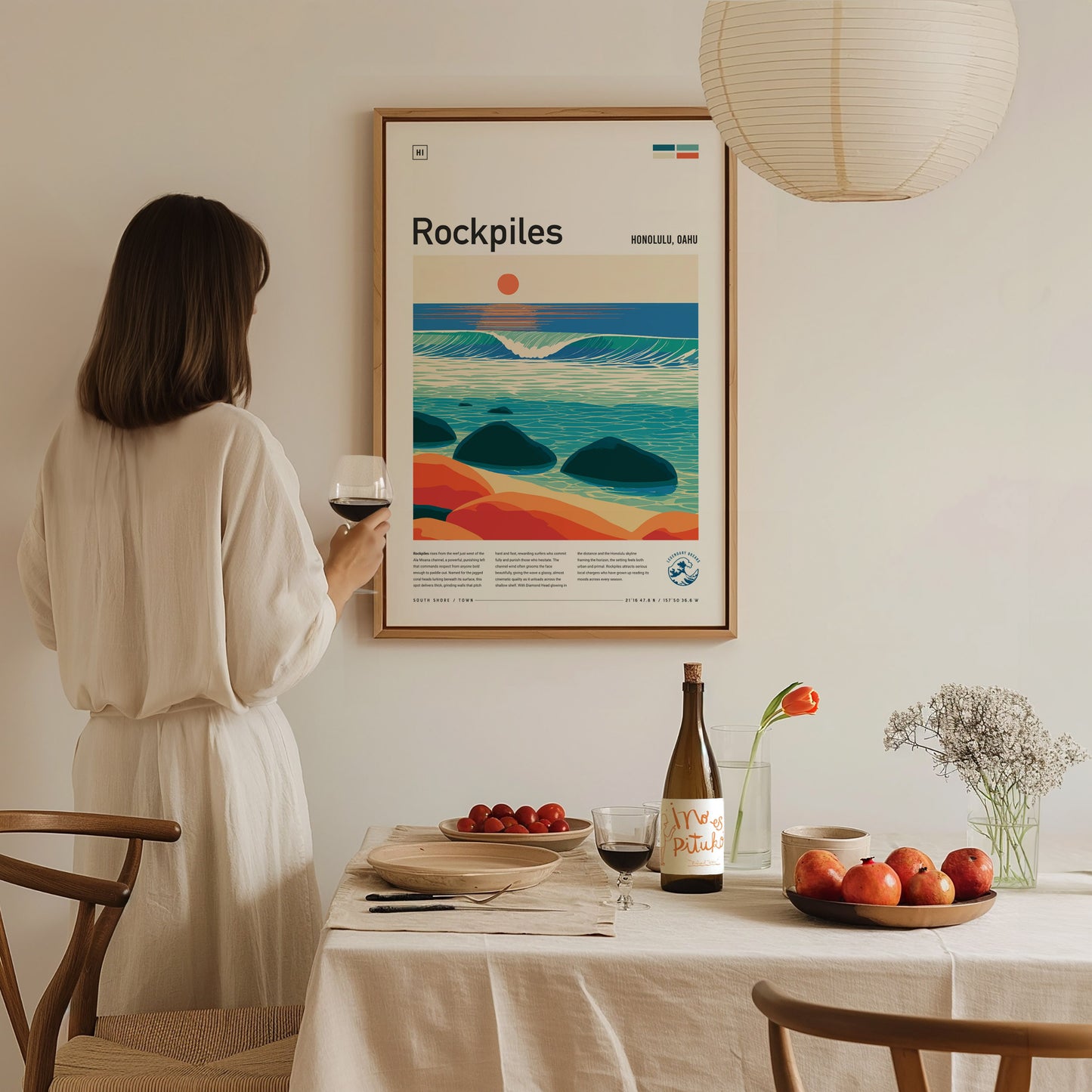Rockpiles, Hawaii Poster | Golden Hour North Shore Surf Wall Art — styled in a modern interior