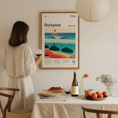 Rockpiles, Hawaii Poster | Golden Hour North Shore Surf Wall Art — styled in a modern interior