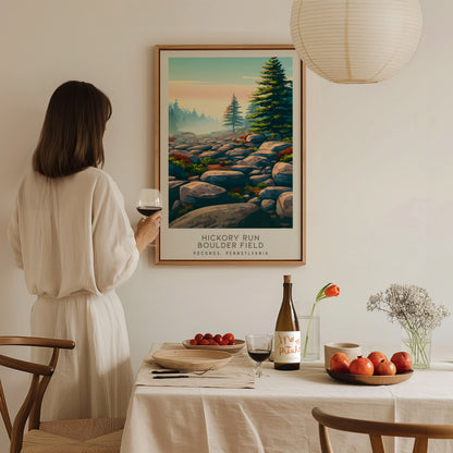 Hickory Run Boulder Field Matte Border Poster | Poconos, Pennsylvania Travel Wall Art — styled in a modern interior