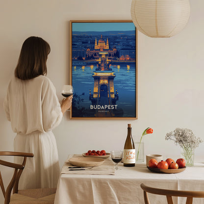 Budapest Chain Bridge Poster | Hungary Travel Print Wall Art | Framed or Unframed