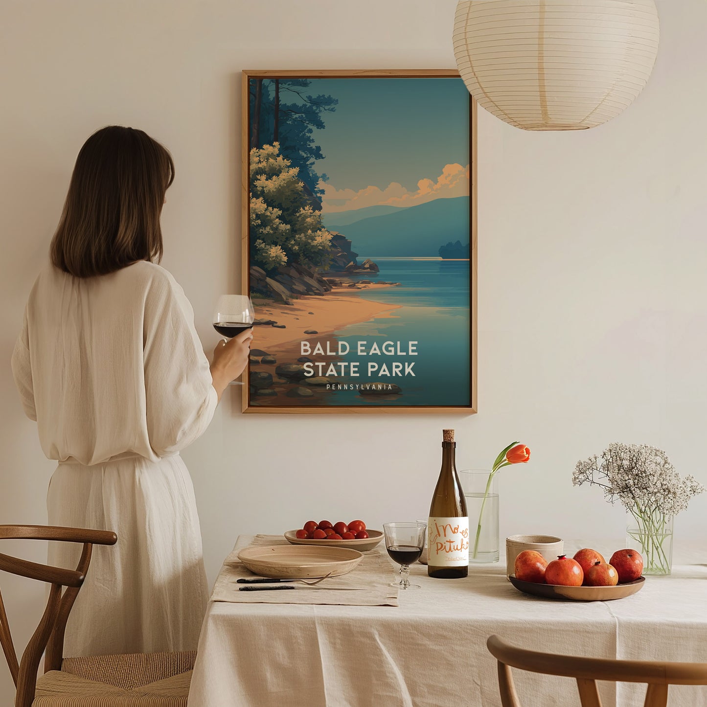 Bald Eagle State Park, Pennsylvania Poster | Eagle Soaring Over Mountain Lake Wall Art — styled in a modern interior