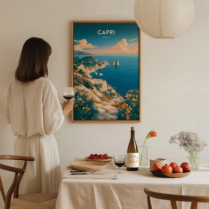 Capri, Italy Poster | Mediterranean Island Coastal Beach Decor Wall Art — styled in a modern interior