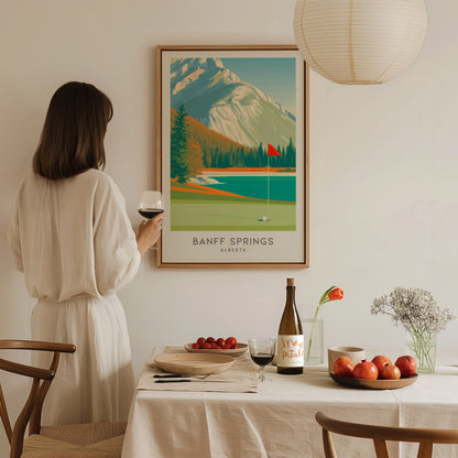 Banff Springs Matte Border Poster | Alberta Golf Course Print & Country Club Decor — styled in a modern interior