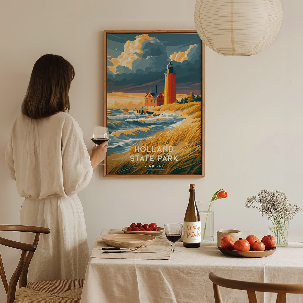 Holland State Park, Michigan Poster | Big Red Lighthouse Coastal Beach Decor Wall Art — styled in a modern interior