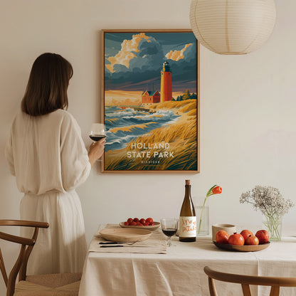 Holland State Park, Michigan Poster | Big Red Lighthouse Coastal Beach Decor Wall Art — styled in a modern interior