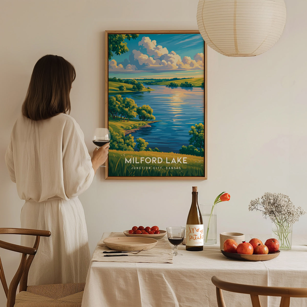 Milford Lake, Junction City, Kansas Poster | Lakeside Serenity Destination Print Wall Art — styled in a modern interior