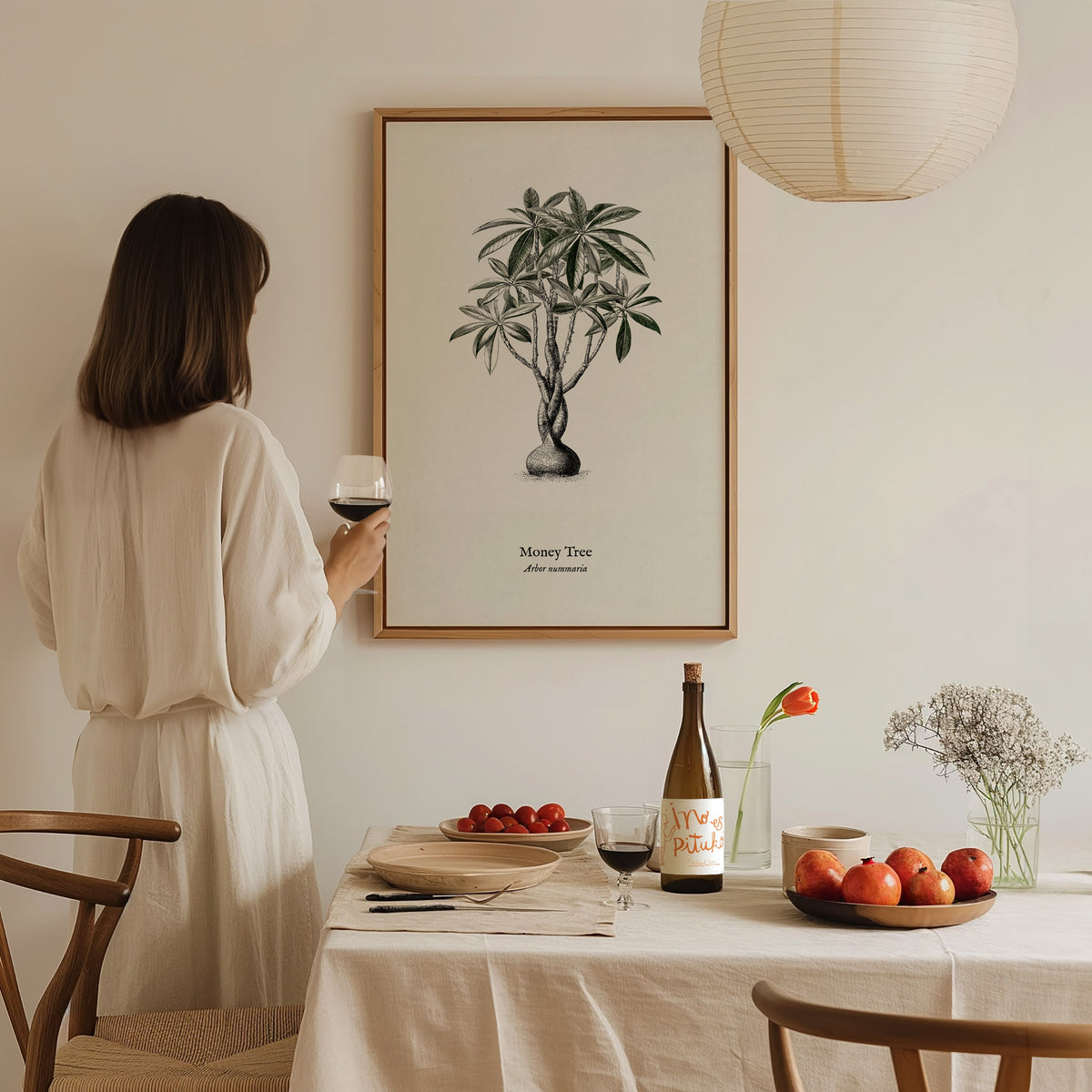 Money Tree Poster | Arbor Nummaria Pen and Ink Print — Vintage Botanical Illustration Wall Art — styled in a modern interior