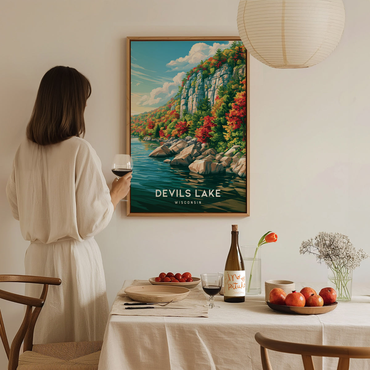 Devils Lake, Wisconsin Poster | Bluffs & Blue Water Travel Wall Art — styled in a modern interior