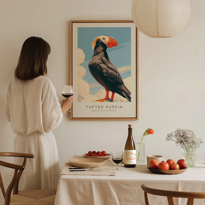 Tufted Puffin, Frailecillo Coletudo Poster | Bold Seabird Wildlife Print Wall Art — styled in a modern interior