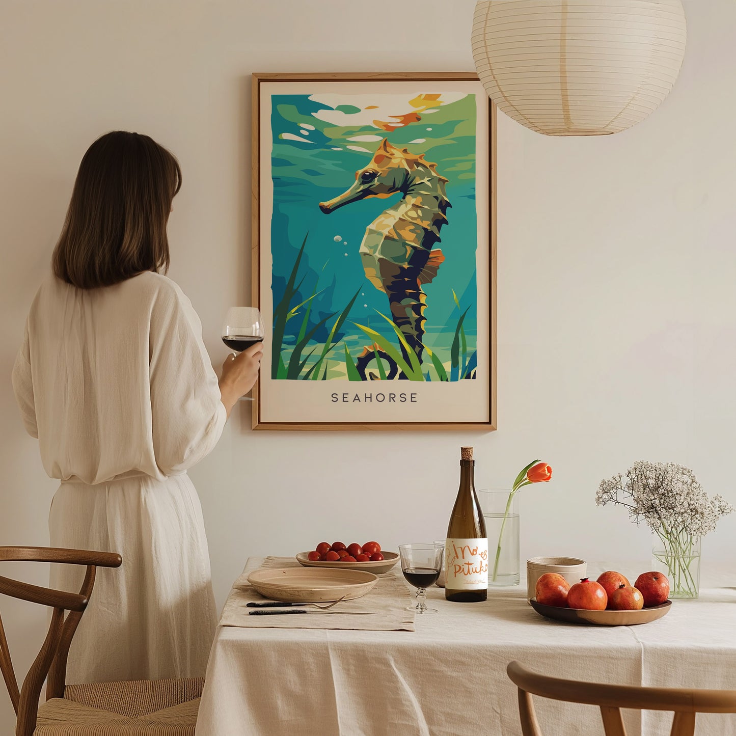 Seahorse Wildlife Poster | Graceful Ocean Dweller Fine Wall Art — styled in a modern interior